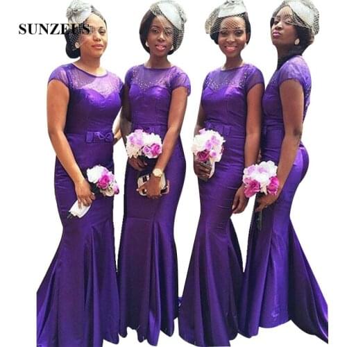 Purple Mermaid Bridesmaids Dress Long Satin Wedding Party Gowns Cap Sleeves African Women Guest Dress vestidos de damas de honor