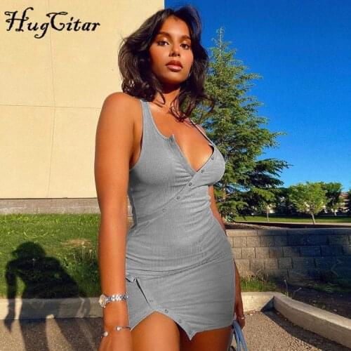 Hugcitar 2021 Summer Fall Women Fashion Halter Solid Single Button Sleeveless Bodycon Slim Mini Dress Sexy Y2K Streetwear