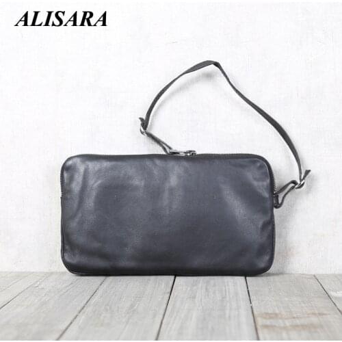 Alisara Clutch Bags First Layer Cow Leather High Quality Unisex Small Hand Bag Casual Cell Phone Wallet Simple Zipper Coin Pouch