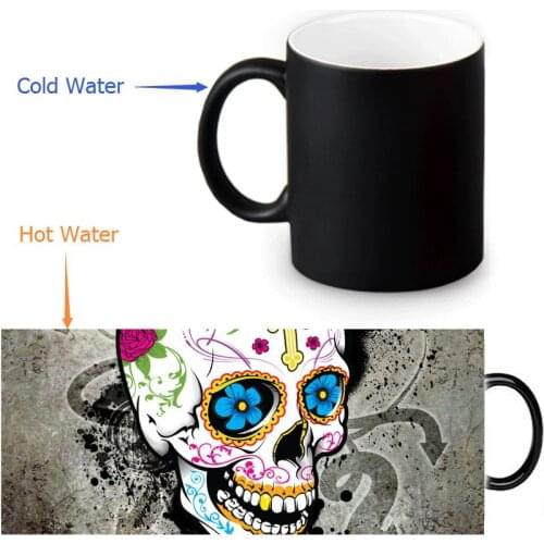 Custom Coffee Mugs Sugar Skull Heat Sensitive Tea Milk Cup Black Color Changing Magic Ceramic Mug 350ml/12oz