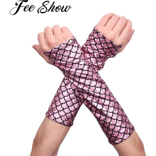 Mermaid Costume Fish Scale Pattern Printed Fingerless Long Gloves Arm Sleeves Adult Halloween Dance Club Party Cosplay Accessory