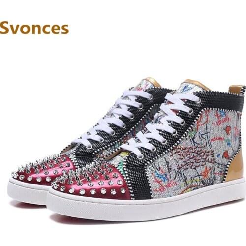 Newest Graffiti Sequins Unisex Sneakers Red Gold Rivets Bottom High Top Lace-up Mens Boots Glitter Blingbling Casual Shoes EU47