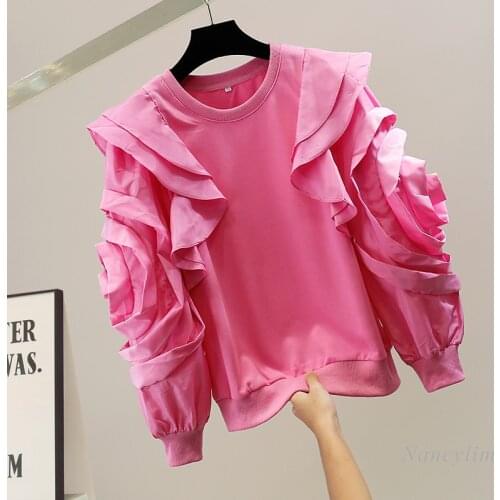 Fashion Ruffles Flower Puff Sleeve Sweatshirt Women High-End Design Pink Hoodies Lady Pullovers Spring Autumn White Black Pink
