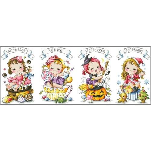 Fishxx Printed on fabric Counted Chinese Cross Stitch Kits set Embroidery Needlework Sweet girl festive