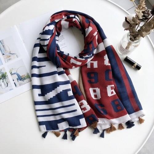 Newest Women Cotton Stripe And Number Print Tassel Scarf Shawls Fashion Long Beach Wraps Headband Scarves Hijab Muffler 2019