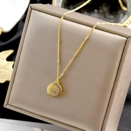 316L stainless steel retro-advanced sense of 18K Jin Fu word happy word double - sided Fu brand necklace female Chinese Fu