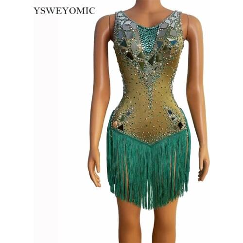 Green Fringe Rhinestones Mirrors Dress Women Birthday Celebrate Stretch Spandex Tassels Dance Bodysuit Latin Salsa Bachata Dress