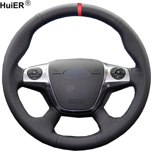 HuiER Hand Sew Car Steering Wheel Cover Red Marker for Ford Focus 3 2012-2014 Ford KUGA Escape 2013-2015 2016 C-MAX 2011-2014