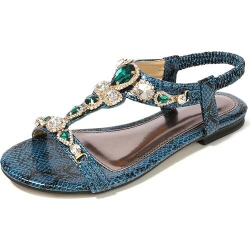 Women Sandals Summer Luxury Crystal Snake Pattern Flat Sandals Ladies Elastic Band Comfortable Non-Slip Sandals Plus Size Shoes