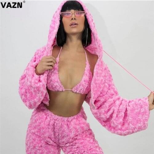 VAZN Winter Pink Energy Young Sexy Daily Fashion Full Sleeve Top 1 Piece Bikini 1 Piece Long Pants Warm Slim Women 3 Piece Set