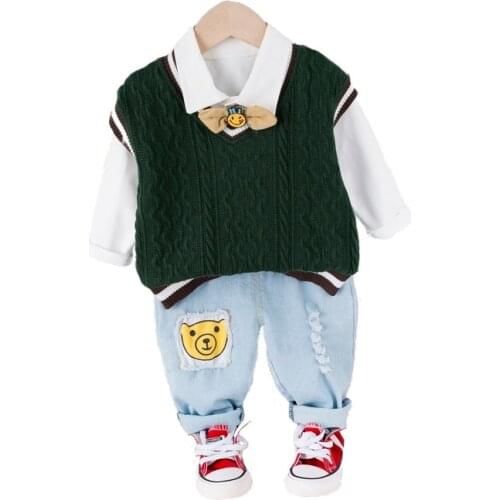 Spring Baby Suit Cartoon Smiling Face Tie Sweater Vest Lapel Long Sleeve Shirt+pant Three Piece Suits Kids Ribbed Set 1 3 4 Ages