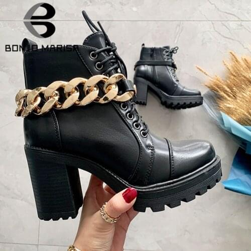 BONJOMARISA 2021 New Arrivals Women Platform Chunky High Heels Ankle Boots Office Leisure Casual Metal Chain Lace Up Black Shoes