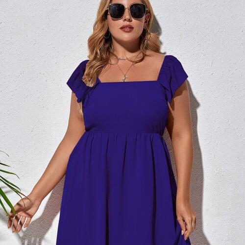 Women Plus Size Dresses Solid Blue Casual Loose Short Sleeves A Line Summer Short Ladies Dress Large Size Party Midi Dress 2021