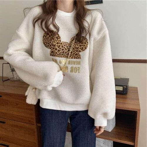 Womens Hoodies Cute Leopard Bear Long Sleeves Thicken Lamb Wool Loose Pullover Wholesale 2021 Winter New Fashion Female Clothes