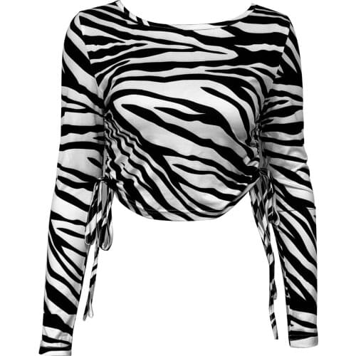 Women Fashion Zebra-stripe Top Stylish Drawstring Crop Top for Ladies Female