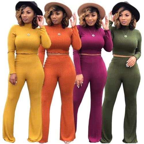 Sexy Knitted Two Piece Sets Long Sleeve Turtleneck Ctop Top and Wid Leg Long Pants Women Winter Spring Tracksuit Fashion Clothes