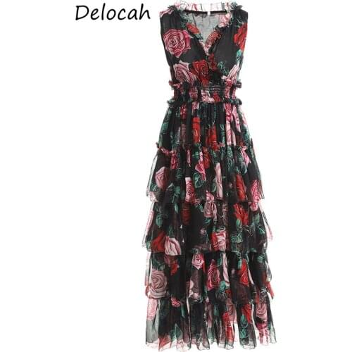 Delocah Elegant Summer Dress WomenFashion Designer Women sleeveless Sling printing V-neck Loose Ladies Short Dress vestoidos