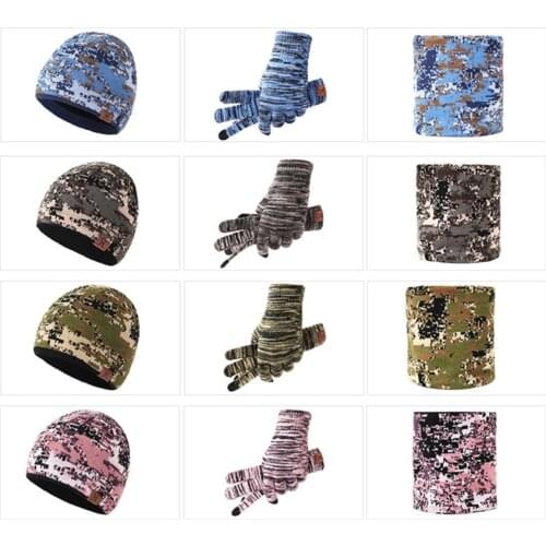Men Women Winter 3Pcs Camouflage Knit Beanie Hat Scarf Touch Screen Gloves Set Thick Plush Lining Skull Cap Neck Warmer