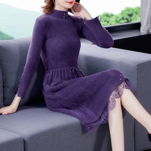 Winter Women Elegant Warm Long Turtleneck Mink Cashmere Sweaters 2021 Autumn Vintage Solid Plus Size Casual Midi Sweater Dresses