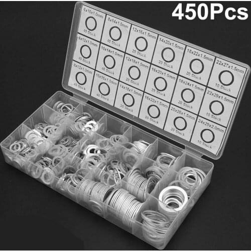 450pcs/set Oil Drain Plug Aluminum Washer Gasket Wear Resistant For Washing Machine With Plastic Box 1mm 1.5mm 2mm