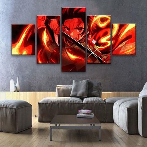5 Piece Tanjirou Kamado Artwork Cartoon Painting Canvas Art Wall Picture Demon Slayer Kimetsu No Yaiba Anime Poster