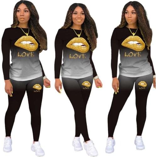 Ueteey New Fashion Two-piece Casual Gradient Lips Print Home Wear Women Pant Set