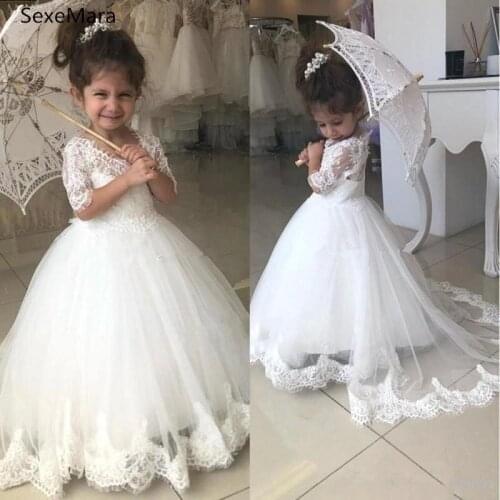 Ivory White Lace Flower Girl Dress for Wedding Puffy Tulle Kids Children Communion Dress Size 2-16 Years