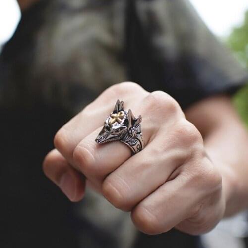 Vintage Stainless Steel Egypt Cross Anubis God Finger Rings for Men Women Punk Wolf Head Knuckle Ring Boho Statement Jewelry
