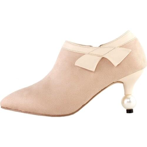LF60422 SHOW STORY Retro Bow Pointed Toe Exquisite Pearl Heel Dress Ankle Bootie