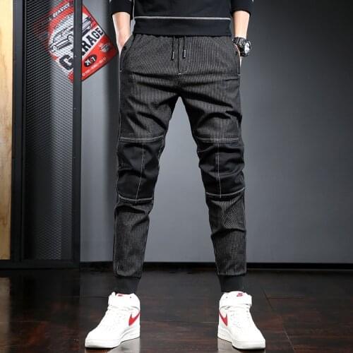 Casual Men Pants Fashion Patchwork Black Trousers Streetwear Cotton Slim Fit Stretch Drawstring Joggers