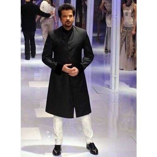 2021 Indian Design Men Wedding Suits With White Pants 2 Pieces Suits For Men Tuxedo Groom Prom Costume Homme Black Long Blazer