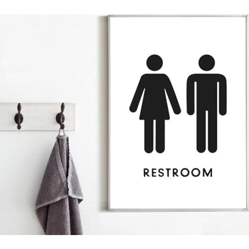 Restroom Sign Print Black White Poster Bath Room Wall Decor , Lavatory Public Toilet WC Signs Picture Wall Art Canvas Painting