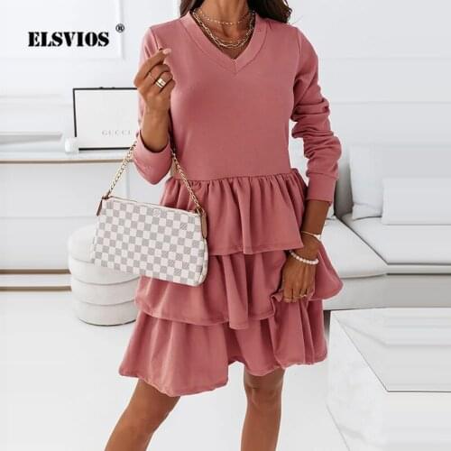 ELSVIOS New Autumn Butterfly Long Sleeve Pleated Dress Women Casual O-Neck Dress Elegant Solid Color Party Short Dress Vestidos