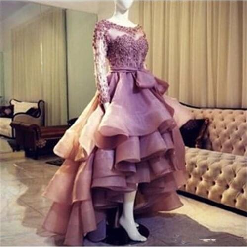 Real Sample Hi Lo Prom Dresses 2019 High Quality Organza Long Sleeves Party Formal Evening Gown vestidos de gala prom dress