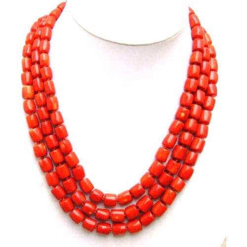 Qingmos Fashion 10-15mm Thick Slice Natural Red Coral Necklace for Women with Genuine 3 Strands 18-20" Coral Chokers Jewelry