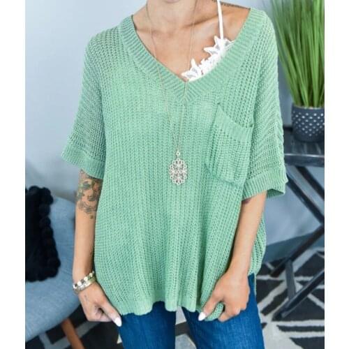 Sweaters Women Tops Summer Loose Short-Sleeved V-Neck Pocket Pullover Women Clothing 2021 Sweater Y2k Jersey Mujer pull Femme