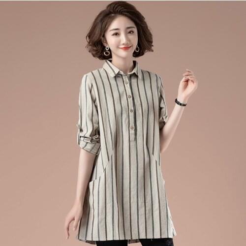 Women Cotton Linen Casual Long Shirts New 2020 Autumn Korean Style Vintage Striped Turn-down Collar Loose Female Tops S2612