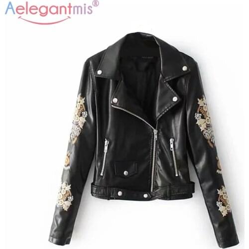Aelegantmis Autumn Black Vintage Embroidery Pu Leather Jacket Women Fashion Street Faux Leather Biker Jacket Soft Moto Outerwear