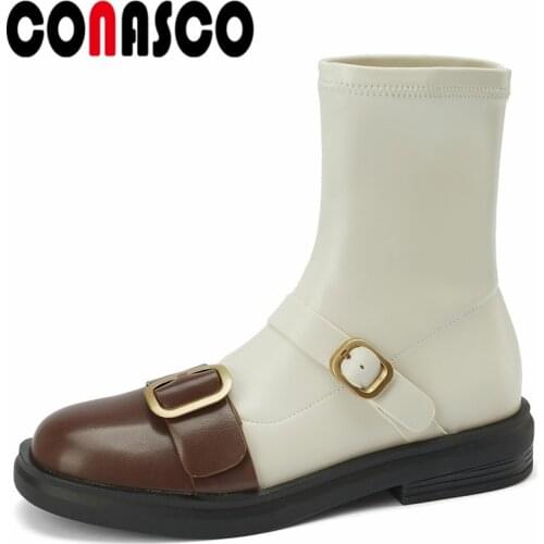 CONASCO Retro Women Ankle Boots Autumn Winter Warm Cow Leather Party Causal Prom Office Boots Concise Mixed Colors Shoes Woman