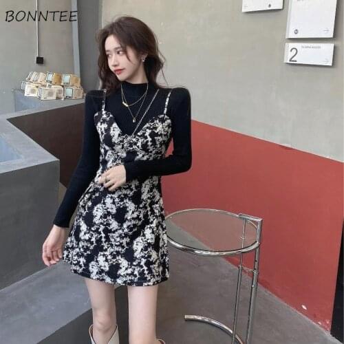 Dresses Women Above Knee Spaghetti Strap V-Neck High Waist All-match Print Slim Female Vestidos Chic Korean Style Trendy Autumn