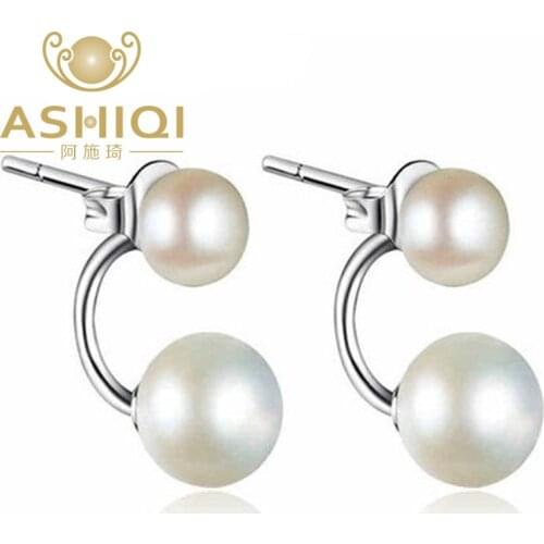 ASHIQI Natural Freshwater double sided Pearl earrings 925 sterling silver double Stud Earrings Pearl Jewelry For Women