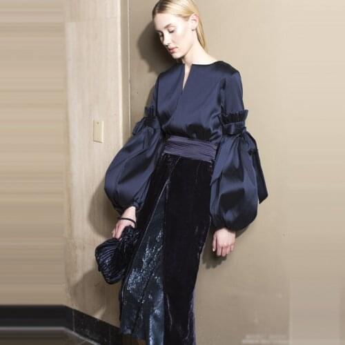 Designer New Fashion High Quality Womens Sets Party Lantern Sleeve Top Patchwork Velvet Skirt Vintage Elegant Spring Autumn Set