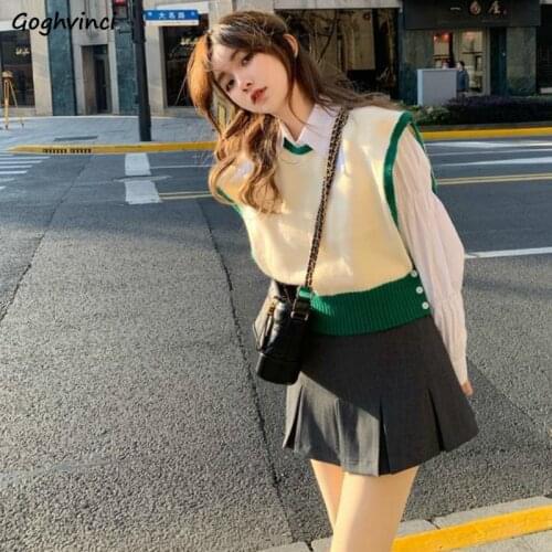 Sweater Vest Women O-neck Short Button Patchwork Knitting Fashion Leisure Streetwear Designer All-match Student Spring Ladies