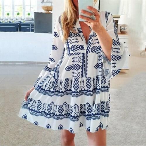 Boho Geometric Print Striped Short Dress Women Casual Loose Long Flare Sleeve V Neck Ruffled Mini Dresses 2021 Plus Size Clothes