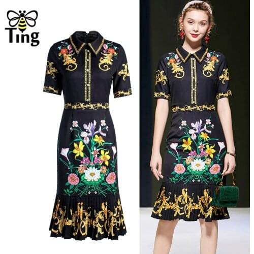 Tingfly Vintage Elegant Floral Mermaid Knee Length Slim Dress Women Retro Lapel Collar High Waist Summer Dress Large Size Elbise