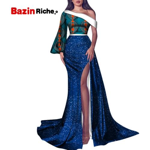 African Wedding Dress One Shoulder Gliter Mermaid Clothing Side Fork Sexy Lady Vestidos Wax Cotton Princess Party Gowns WY8332