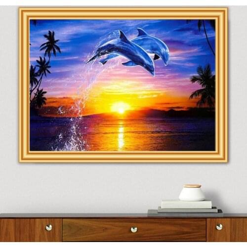 DIY 5D Diamond Painting Cross stitch Sunset Dolphins Mosaic Picture Rhinestones Full Square Round Diamond Embroidery Landscape
