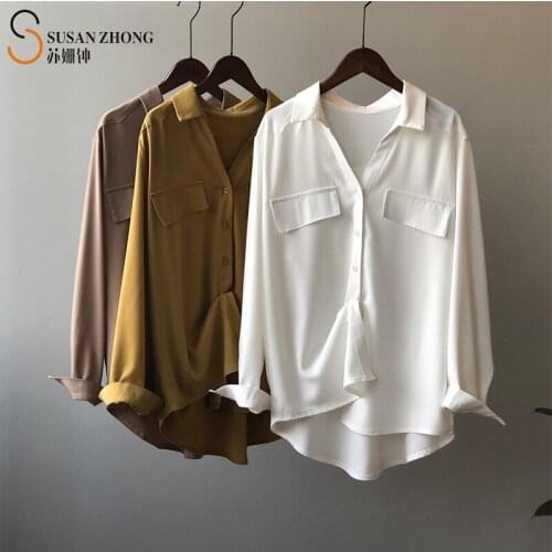 Women Shirts Female Blouses Long Sleeve Tops Straight Loose V-Neck Pocket Poplin Turn Down Collar Button Wave Cut Korean Fashion