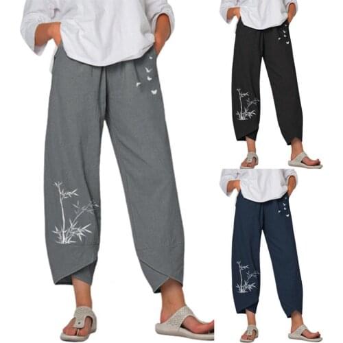 Bamboo Print Irregular Trouser Leg Pocket Wide Leg Ninth-Length Harem Pants Sweatpants Streetwear for Daily Life