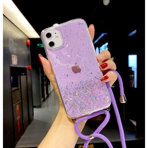 For iPhone 13 12 Pro Max 11 XS X XR SE 2020 7 8 6 6S Plus Rope Case Bling Stars Soft Clear Necklace Strap Shockproof Cover Funda